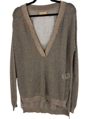 Falconeri Metallic Open Knit V-Neck Sweater Made in Italy Bronze Gold